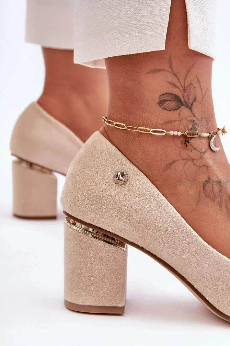 Boto Czółenka Zamszowe|Czółenka Na Słupku*Klasyczne Zamszowe Czółenka Na Obcasie Z Ozdobą Jasnobeżowe Derren