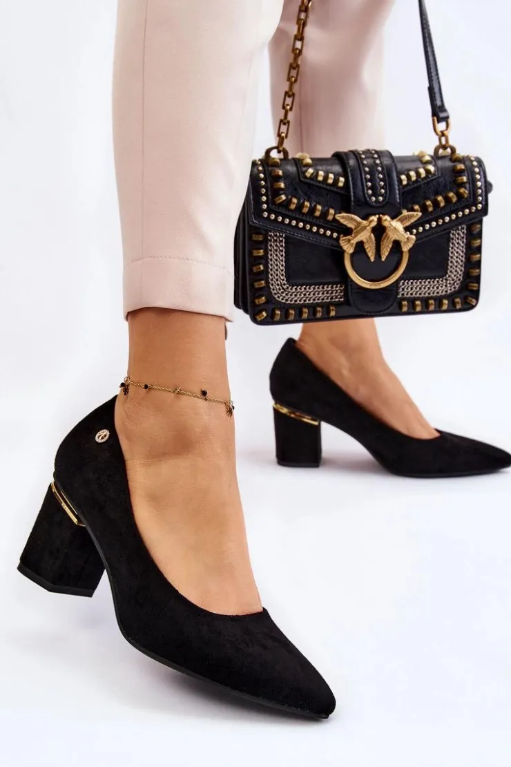 Clearance Boto Klasyczne Zamszowe Czółenka Na Obcasie Z Ozdobą Czarne Derren