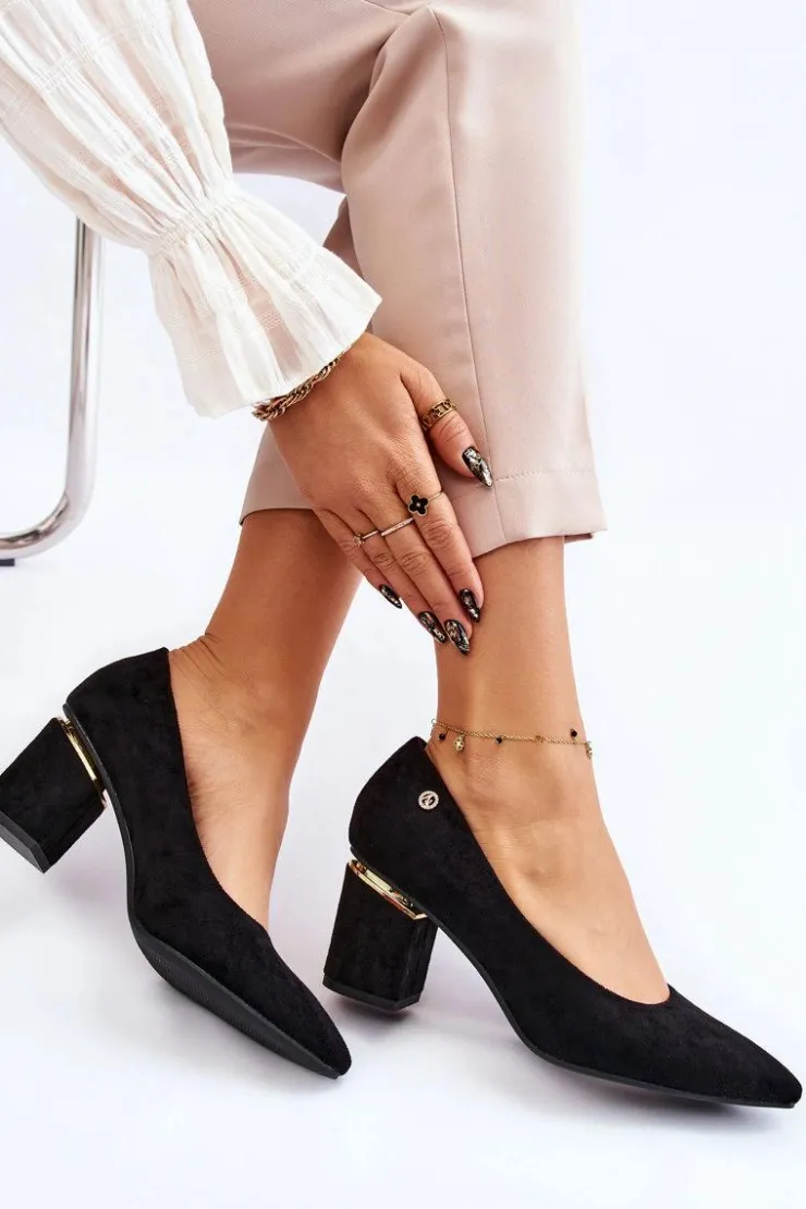 Clearance Boto Klasyczne Zamszowe Czółenka Na Obcasie Z Ozdobą Czarne Derren