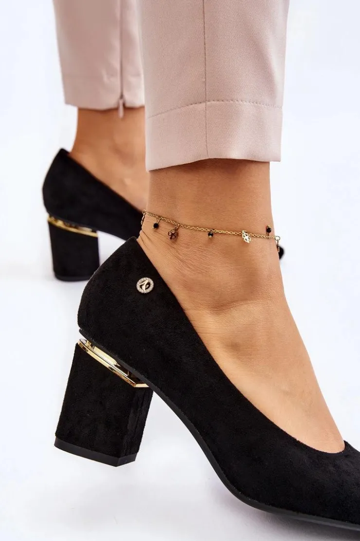 Clearance Boto Klasyczne Zamszowe Czółenka Na Obcasie Z Ozdobą Czarne Derren