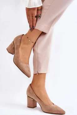 Boto Czółenka Zamszowe|Czółenka Na Słupku*Klasyczne Zamszowe Czółenka Na Obcasie Z Ozdobą Beżowe Derren