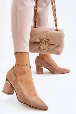 Boto Czółenka Zamszowe|Czółenka Na Słupku*Klasyczne Zamszowe Czółenka Na Obcasie Z Ozdobą Beżowe Derren