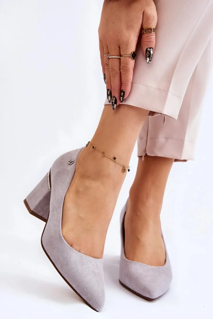 Damskie Boto Klasyczne Zamszowe Czółenka Na Obcasie Z Ozdobą Szare Derren