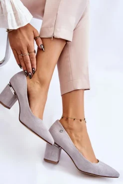 Damskie Boto Klasyczne Zamszowe Czółenka Na Obcasie Z Ozdobą Szare Derren