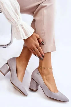 Damskie Boto Klasyczne Zamszowe Czółenka Na Obcasie Z Ozdobą Szare Derren