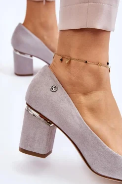 Damskie Boto Klasyczne Zamszowe Czółenka Na Obcasie Z Ozdobą Szare Derren