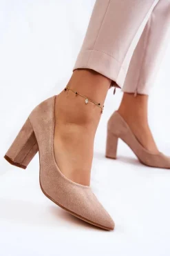 Damskie Boto Klasyczne Zamszowe Czółenka Na Słupku Ciemnobeżowe Kendra