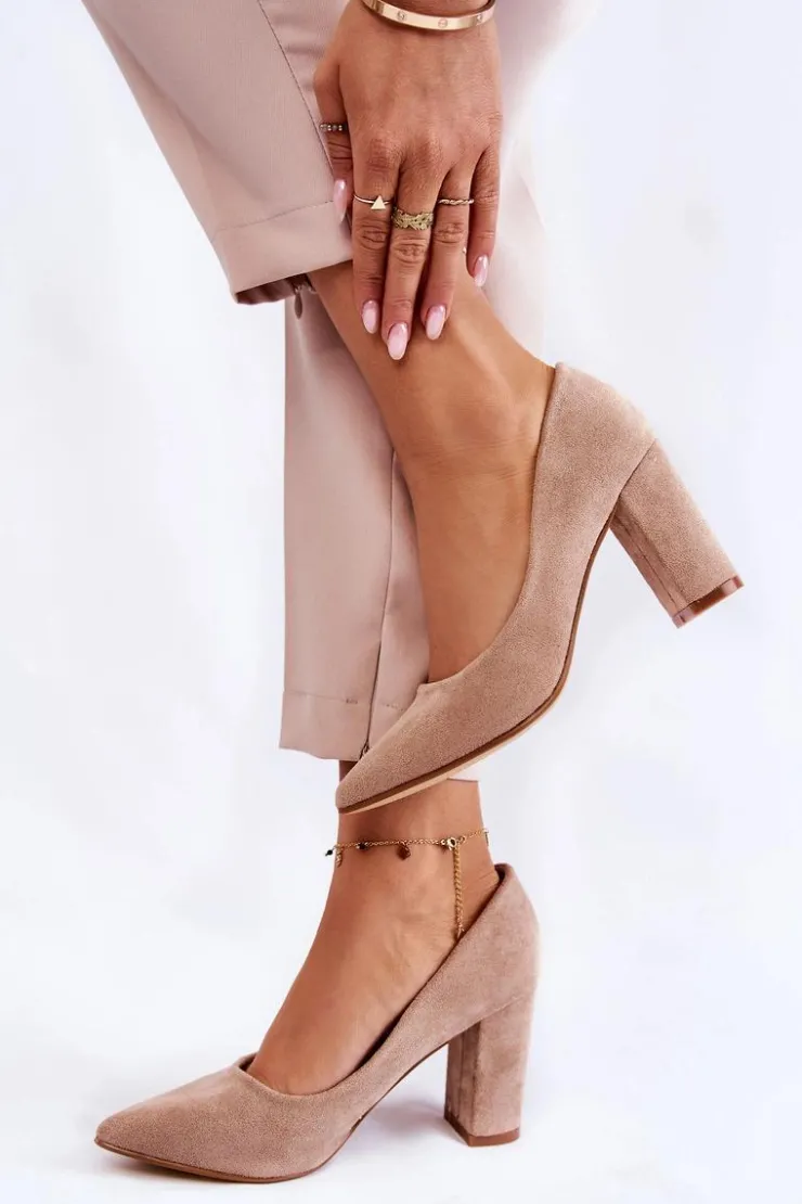 Damskie Boto Klasyczne Zamszowe Czółenka Na Słupku Ciemnobeżowe Kendra