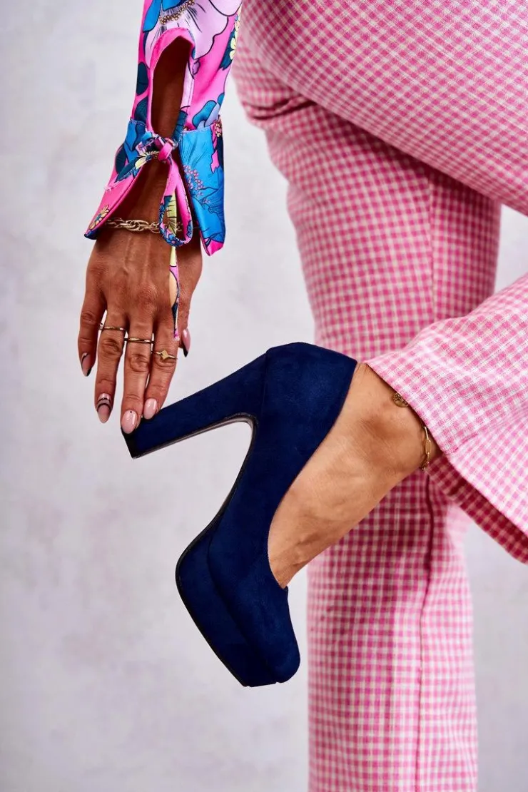 Damskie Boto Klasyczne Zamszowe Czółenka Na Obcasie Granatowe Soro