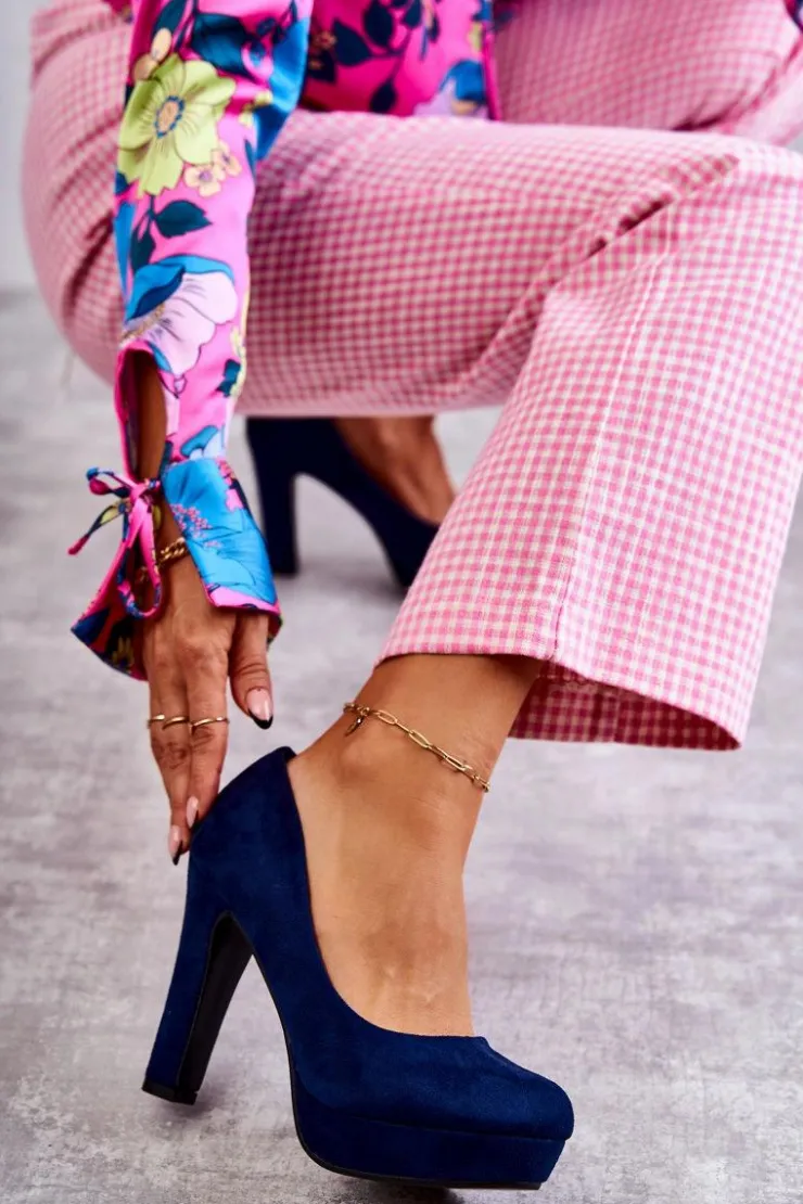 Damskie Boto Klasyczne Zamszowe Czółenka Na Obcasie Granatowe Soro