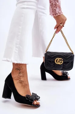 Damskie buty S.Barski Czółenka Zamszowe|Czółenka Na Słupku*Klasyczne Zamszowe Czółenka Z Kokardą Czarne Corey