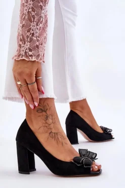 Damskie buty S.Barski Czółenka Zamszowe|Czółenka Na Słupku*Klasyczne Zamszowe Czółenka Z Kokardą Czarne Corey