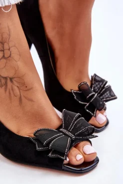 Damskie buty S.Barski Czółenka Zamszowe|Czółenka Na Słupku*Klasyczne Zamszowe Czółenka Z Kokardą Czarne Corey