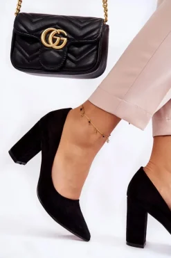 New Boto Klasyczne Zamszowe Czółenka Na Słupku Czarne Kendra