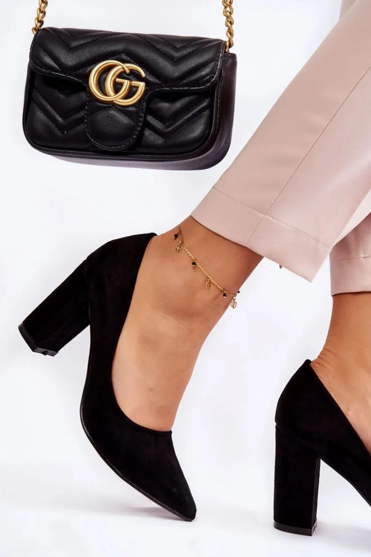 New Boto Klasyczne Zamszowe Czółenka Na Słupku Czarne Kendra