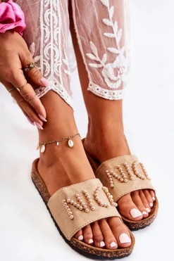 New Evento Klasyczne Zamszowe Klapki Z Koralikami Beżowe Vayana