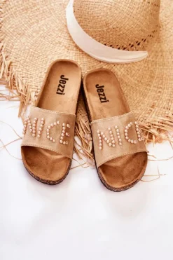 New Evento Klasyczne Zamszowe Klapki Z Koralikami Beżowe Vayana