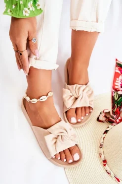 Damskie Evento Klasyczne Zamszowe Klapki Z Kokardą Beżowe Hayle