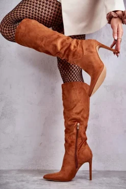 Boto Kozaki Wiosenne|Kozaki Na Szpilce*Klasyczne Zamszowe Kozaki Na Szpilce Camel Ameya