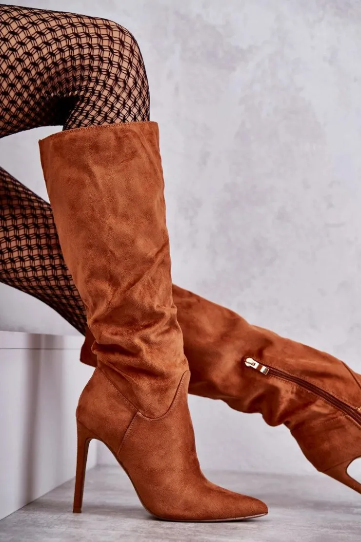 Boto Kozaki Wiosenne|Kozaki Na Szpilce*Klasyczne Zamszowe Kozaki Na Szpilce Camel Ameya