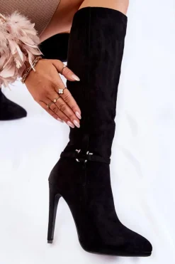 Boto Kozaki Wiosenne|Kozaki Przed Kolano*Klasyczne Zamszowe Kozaki Na Obcasie Czarne Linney