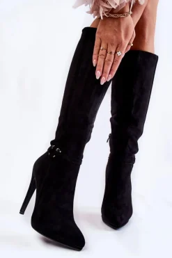 Boto Kozaki Wiosenne|Kozaki Przed Kolano*Klasyczne Zamszowe Kozaki Na Obcasie Czarne Linney