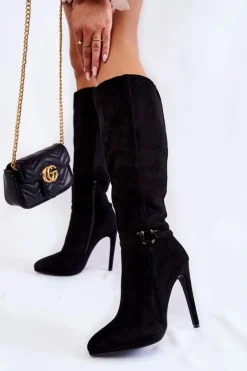 Boto Kozaki Wiosenne|Kozaki Przed Kolano*Klasyczne Zamszowe Kozaki Na Obcasie Czarne Linney