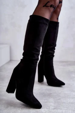 Boto Kozaki Ocieplane|Kozaki Na Słupku*Klasyczne Zamszowe Kozaki Na Obcasie Czarne Tressa Czarny