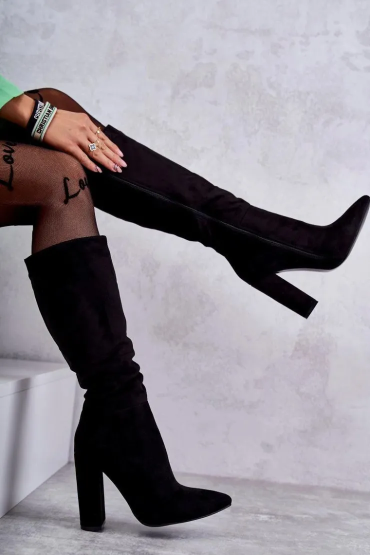 Boto Kozaki Ocieplane|Kozaki Na Słupku*Klasyczne Zamszowe Kozaki Na Obcasie Czarne Tressa Czarny