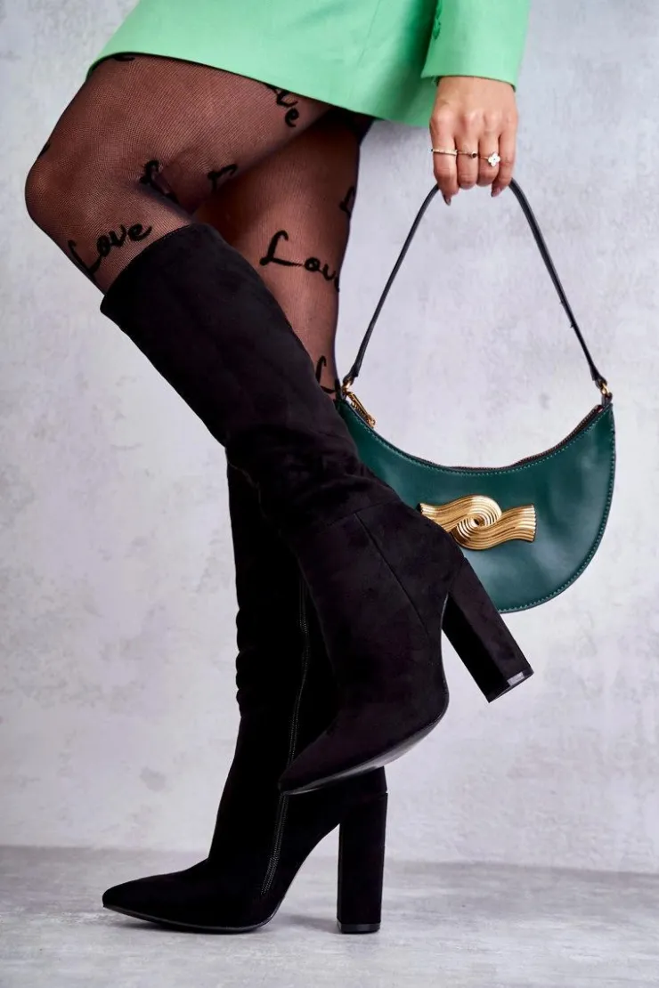 Boto Kozaki Ocieplane|Kozaki Na Słupku*Klasyczne Zamszowe Kozaki Na Obcasie Czarne Tressa Czarny