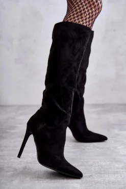 New Boto Klasyczne Zamszowe Kozaki Na Szpilce Czarne Ameya