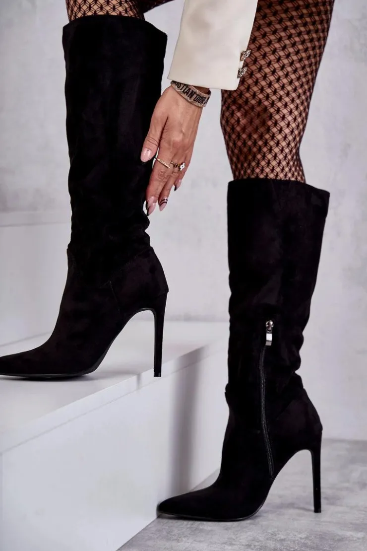 New Boto Klasyczne Zamszowe Kozaki Na Szpilce Czarne Ameya