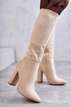 Damskie Boto Klasyczne Zamszowe Kozaki Na Obcasie Beżowe Tressa