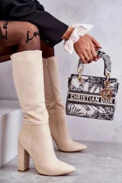 Damskie Boto Klasyczne Zamszowe Kozaki Na Obcasie Beżowe Tressa