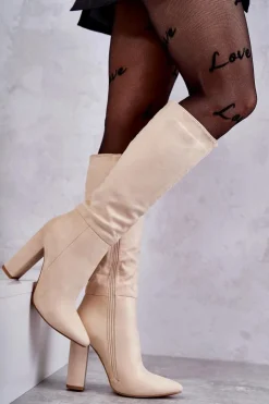 Damskie Boto Klasyczne Zamszowe Kozaki Na Obcasie Beżowe Tressa