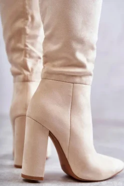 Damskie Boto Klasyczne Zamszowe Kozaki Na Obcasie Beżowe Tressa