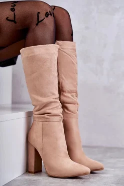 Best Boto Klasyczne Zamszowe Kozaki Na Obcasie Ciemnobeżowe Tressa Beżowy