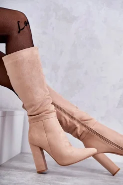 Best Boto Klasyczne Zamszowe Kozaki Na Obcasie Ciemnobeżowe Tressa Beżowy