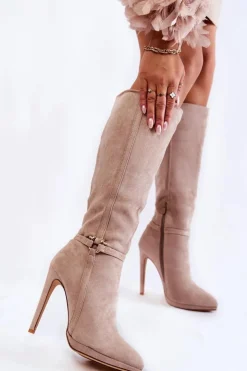 Damskie Boto Klasyczne Zamszowe Kozaki Na Obcasie Beżowe Linney