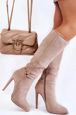 Damskie Boto Klasyczne Zamszowe Kozaki Na Obcasie Beżowe Linney