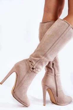 Damskie Boto Klasyczne Zamszowe Kozaki Na Obcasie Beżowe Linney