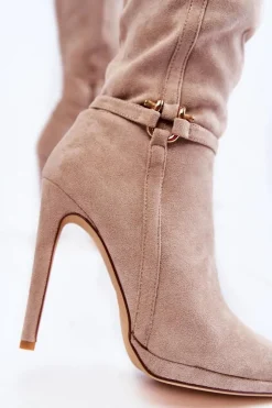 Damskie Boto Klasyczne Zamszowe Kozaki Na Obcasie Beżowe Linney