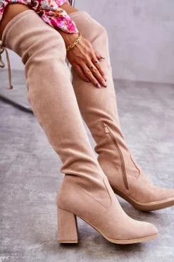 Boto Kozaki Wiosenne|Kozaki Za Kolano*Klasyczne Zamszowe Kozaki Muszkieterki Beżowe Clarissa