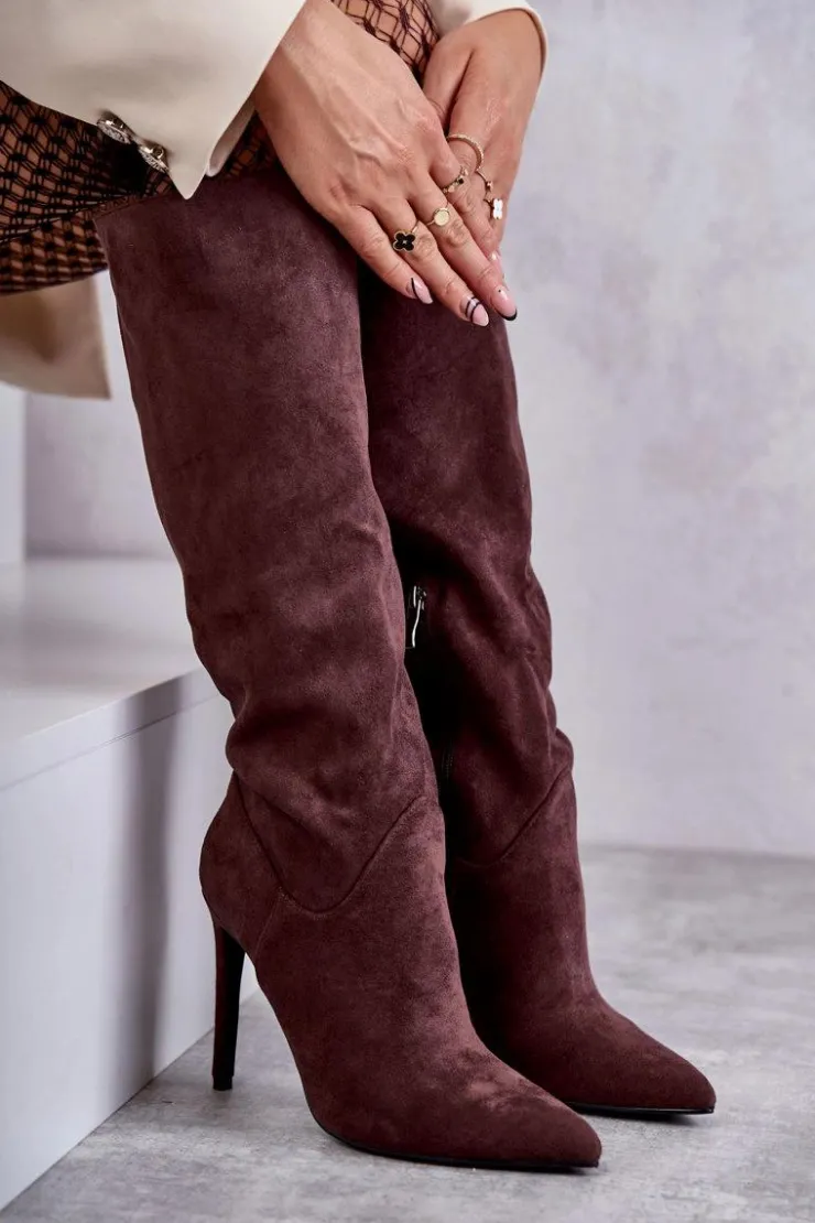 Clearance Boto Klasyczne Zamszowe Kozaki Na Szpilce Brązowe Ameya