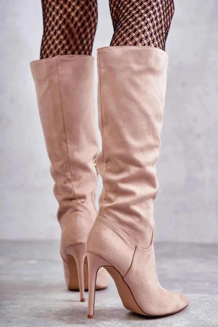 Clearance Boto Klasyczne Zamszowe Kozaki Na Szpilce Beżowe Ameya Beżowy