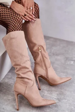 Clearance Boto Klasyczne Zamszowe Kozaki Na Szpilce Beżowe Ameya Beżowy