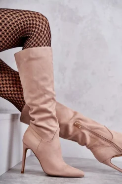 Clearance Boto Klasyczne Zamszowe Kozaki Na Szpilce Beżowe Ameya Beżowy