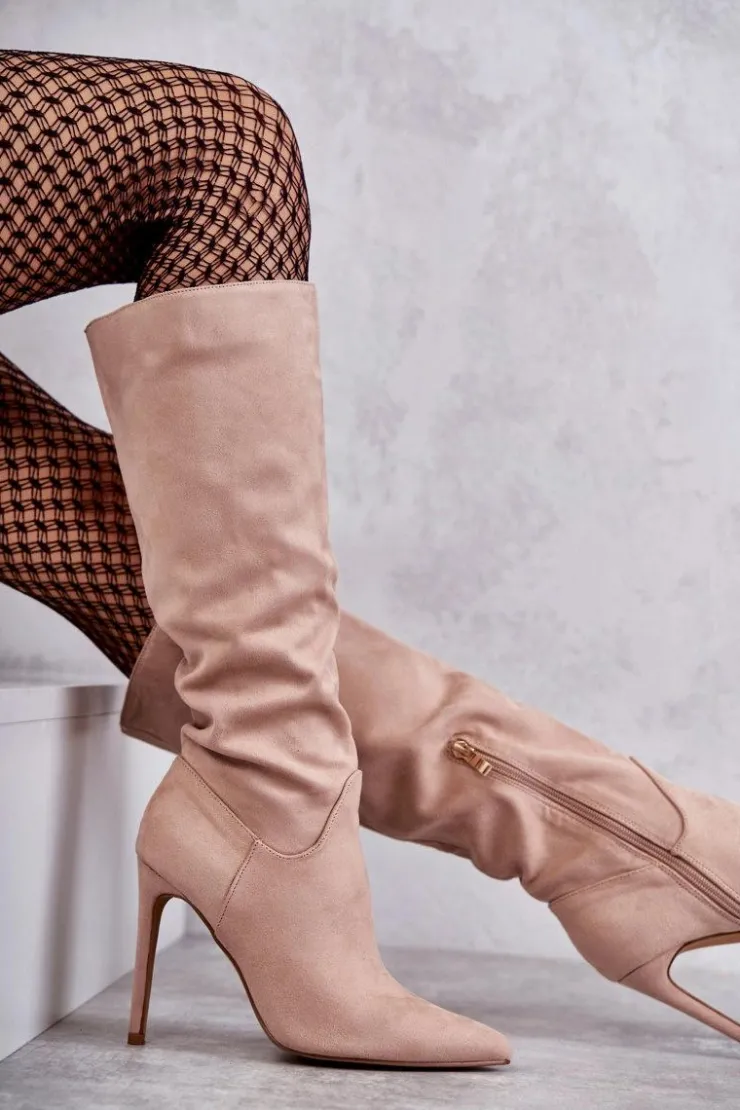 Clearance Boto Klasyczne Zamszowe Kozaki Na Szpilce Beżowe Ameya Beżowy
