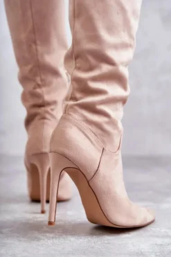 Clearance Boto Klasyczne Zamszowe Kozaki Na Szpilce Beżowe Ameya Beżowy