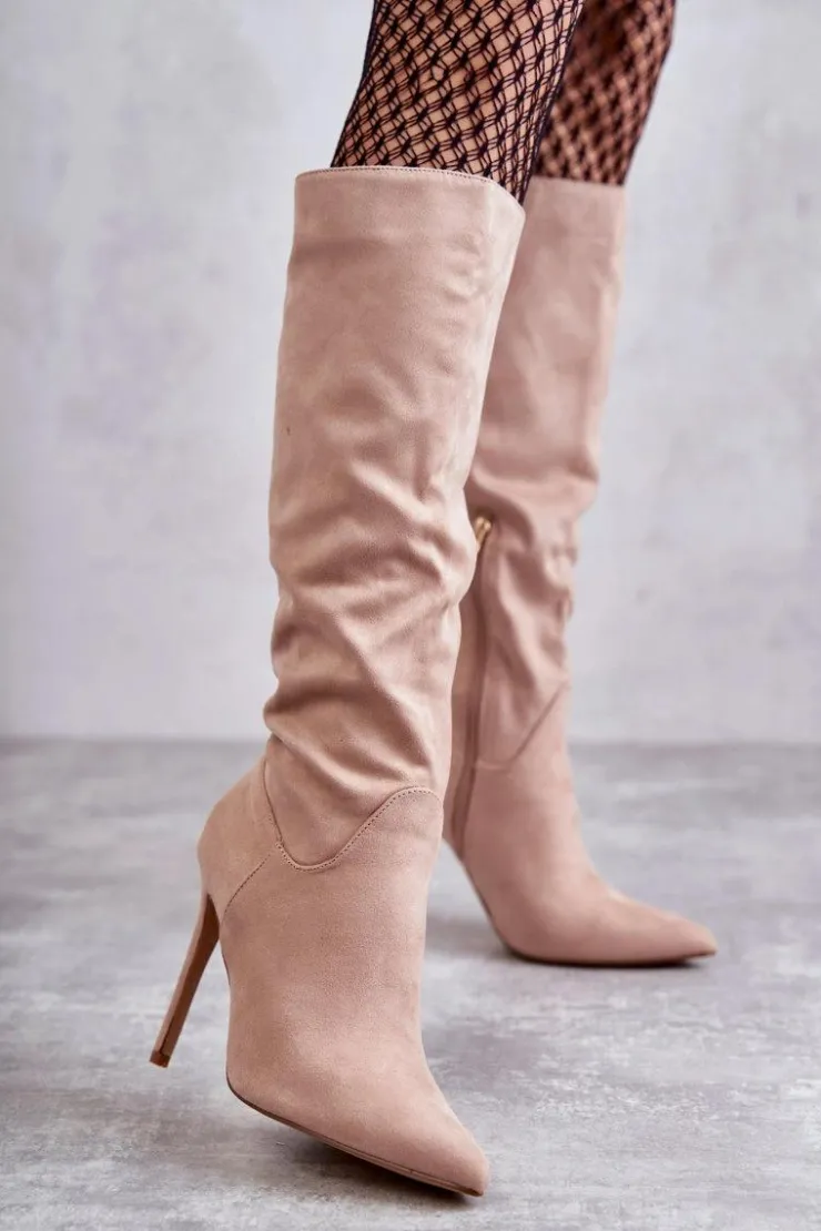 Clearance Boto Klasyczne Zamszowe Kozaki Na Szpilce Beżowe Ameya Beżowy